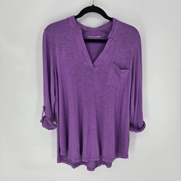 Soft surroundings womens size large purple v neck long roll tab sleeves top - Picture 8 of 8